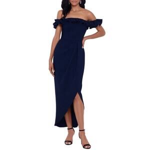 XSCAPE Off The Shoulder Ruffle Midi Gown Dress Women's 4 Navy Blue NWT